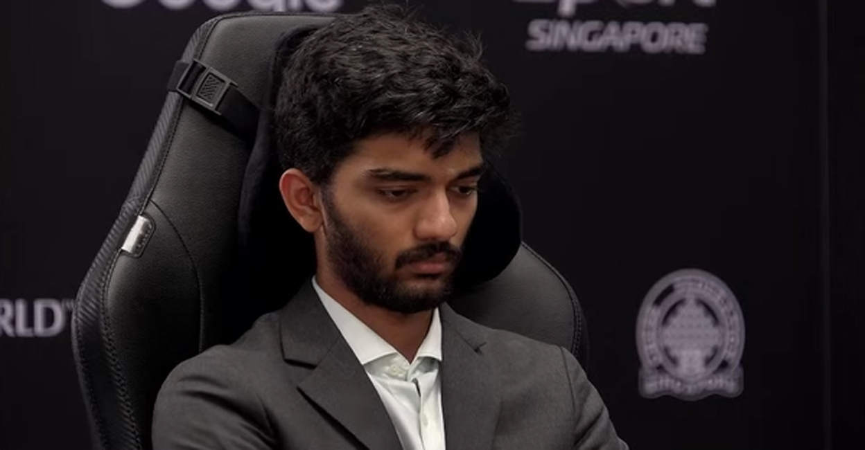 D Gukesh contemplates a move against Ding Liren in Game 7. Photo: Screengrab/FIDE