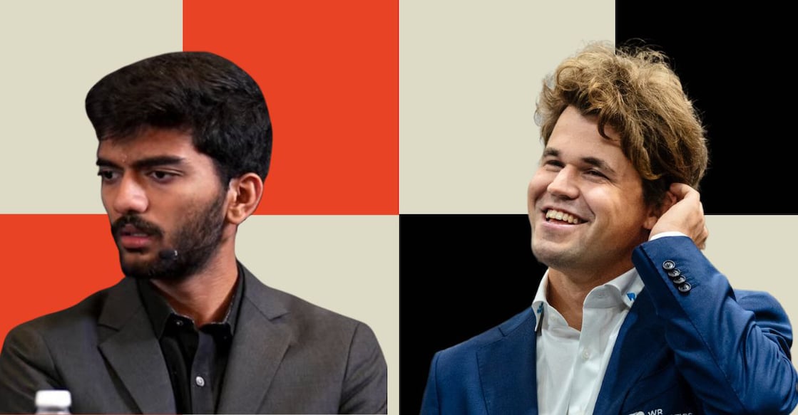 A graphic of D Gukesh (left) and Magnus Carlsen made using canva. Photos: FIDE/X@MagnusCarlsen
