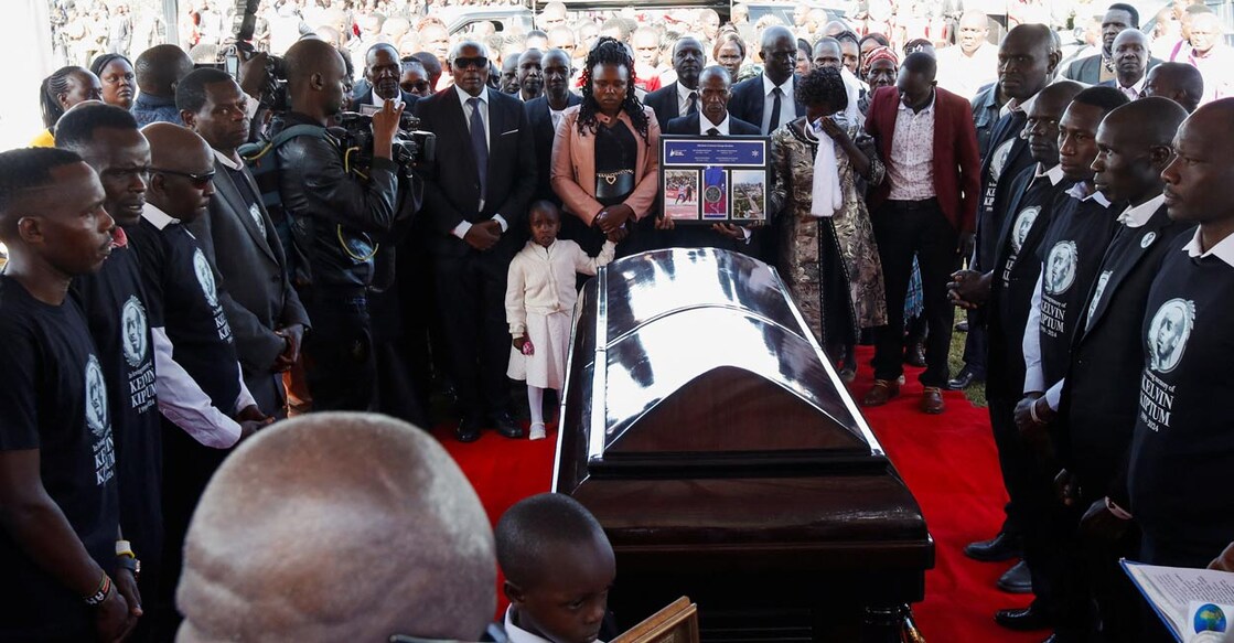 Family members surround the coffin of Kenya's marathon world record holder Kelvin Kiptum. Photo: Reuters/Monicah Mwangi