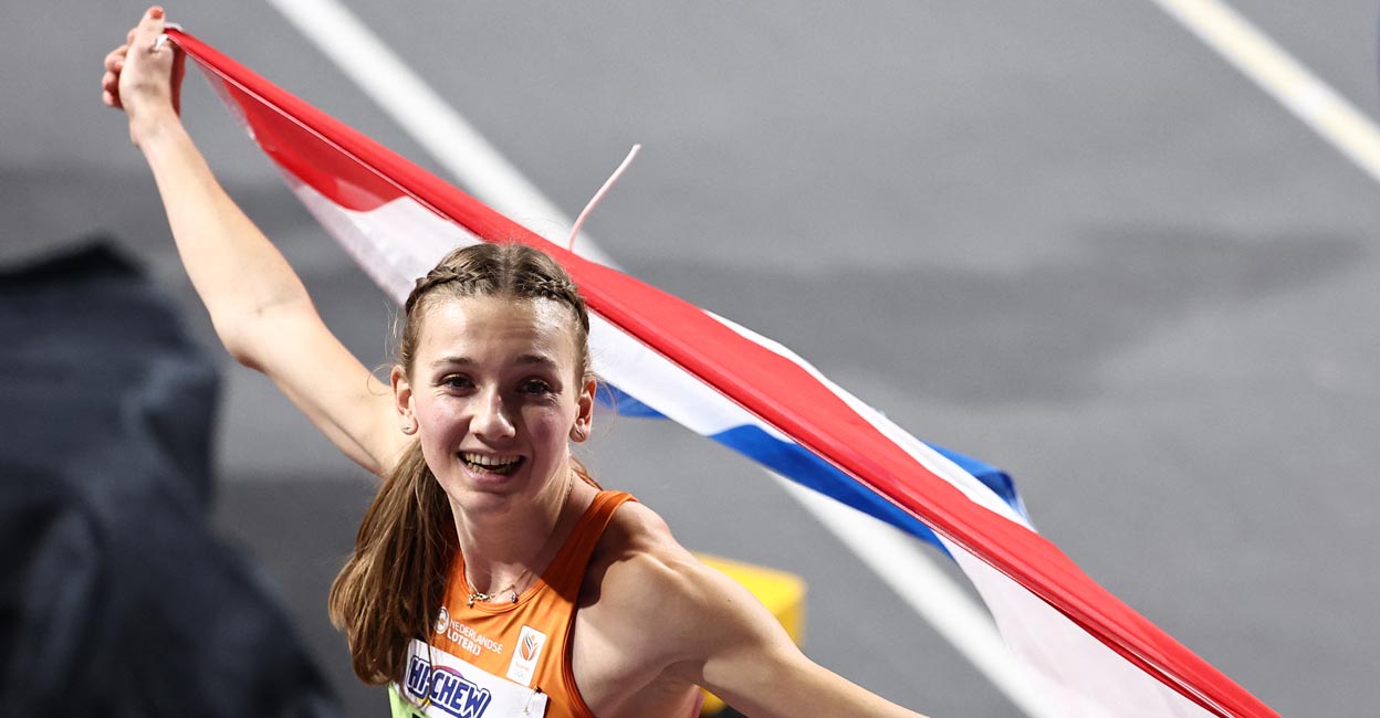 Femke Bol Netherlands' Femke Bol celebrates after winning the women's 400m final. Photo AFP/: Anne-Christine Poujoula
