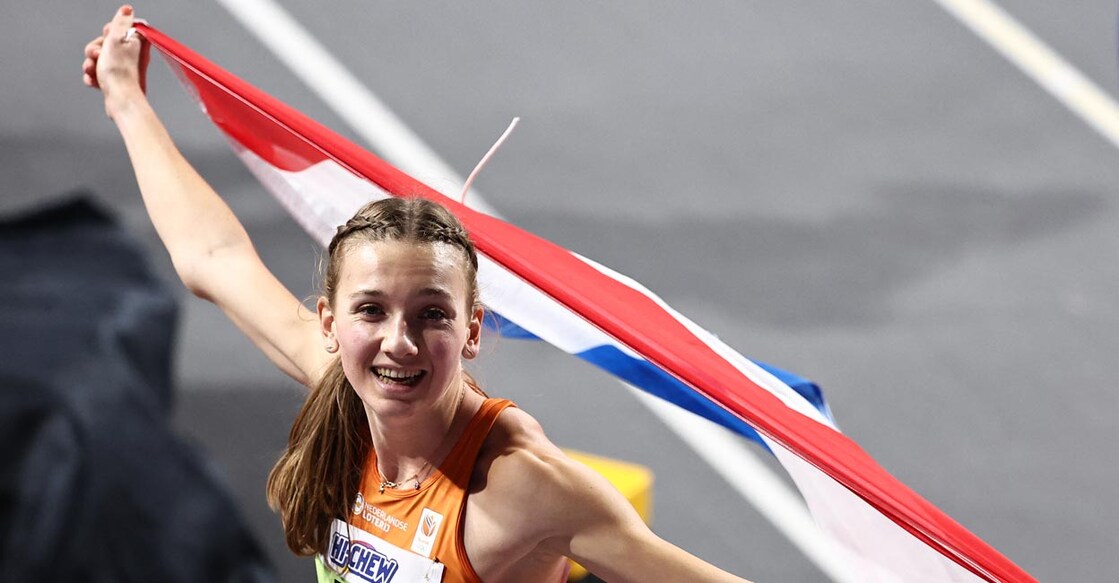 Netherlands' Femke Bol celebrates after winning the women's 400m final. Photo AFP/: Anne-Christine Poujoula 