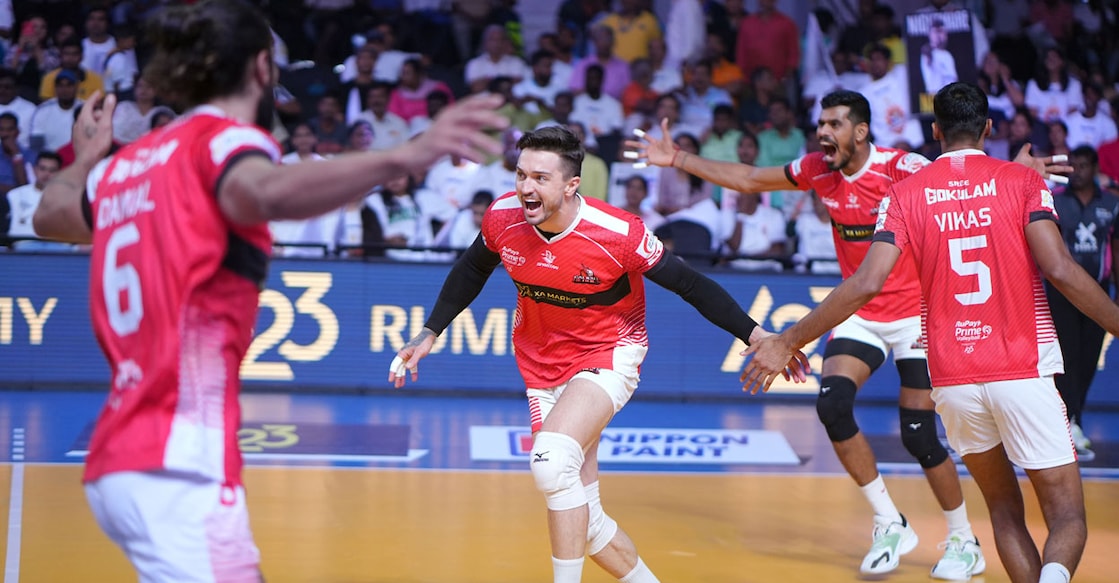Calicut Heroes' players celebrate a point against Ahmedabad Defenders. Photo: Prime Volleyball League