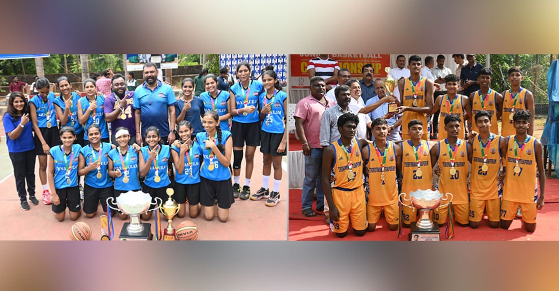 basketball-winners-kerala The Ernakulam women's team and the Thiruvananathapuram men's team pose with their medals and trophies. Photos: Special arrangement