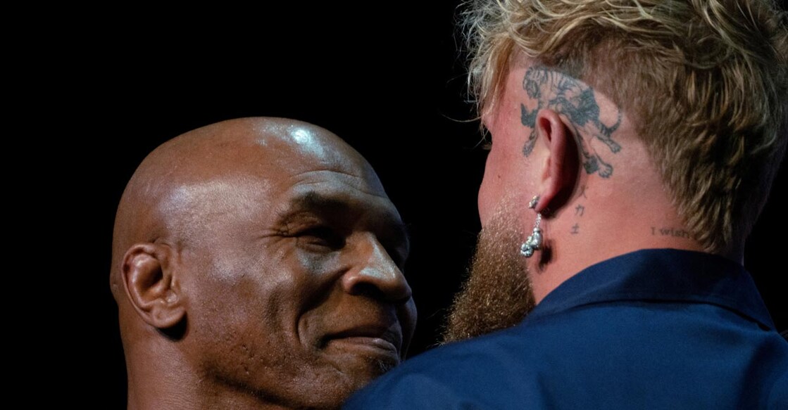 Mike Tyson and Jake Paul face off during a news conference  in New York City on May 13. File photo: Reuters/David 'Dee' Delgado