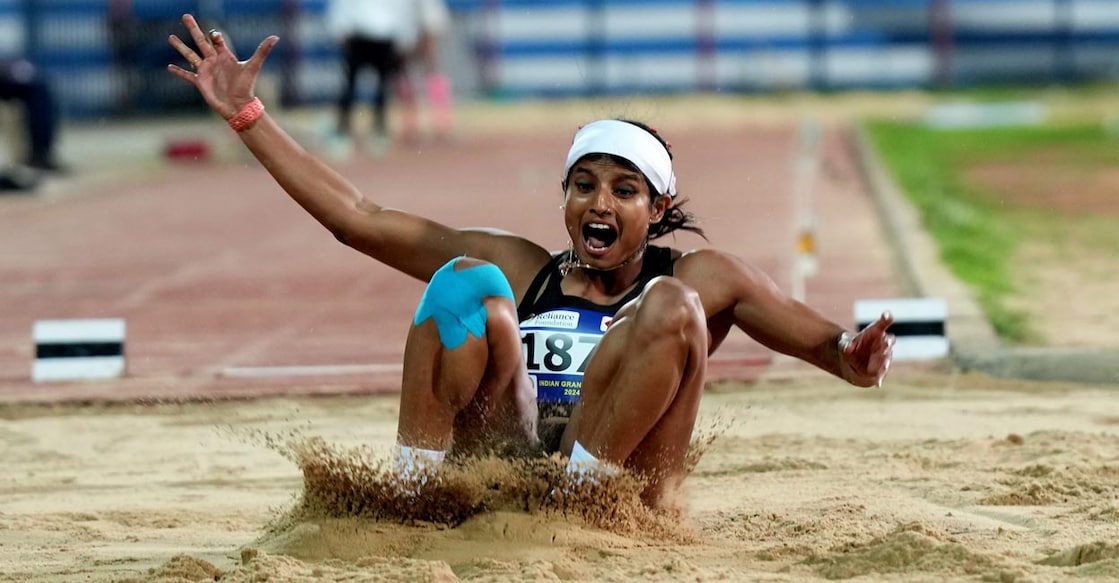 Ancy Sojan bagged the gold medal with a leap of 6.52m. Photo: PTI/Shailendra Bhojak
