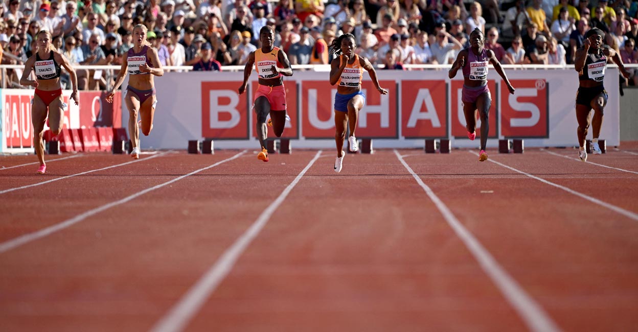 100m dash Athletes compete in the women's 100m event of the Stockholm Diamond League meet. Photo: AFP/Jonathan Nackstrand