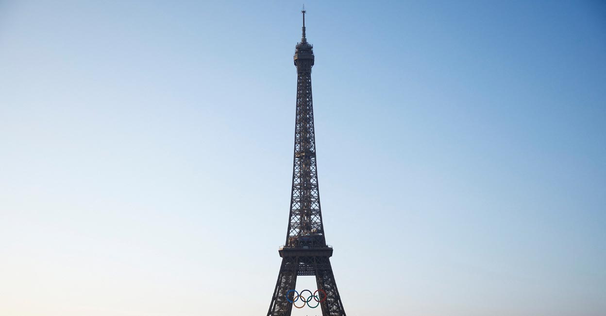 Olympic rings displayed on the first floor of the Eiffel Tower in Paris on Friday. Photo: Reuters/Sarah Meyssonnier