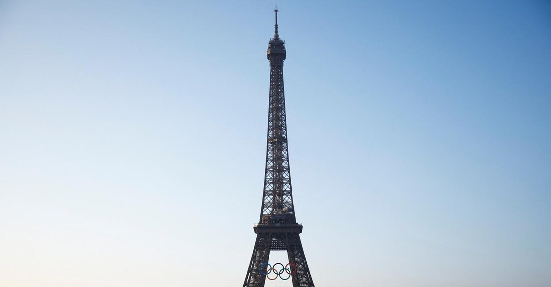 Olympic rings displayed on the first floor of the Eiffel Tower in Paris on Friday. Photo: Reuters/Sarah Meyssonnier