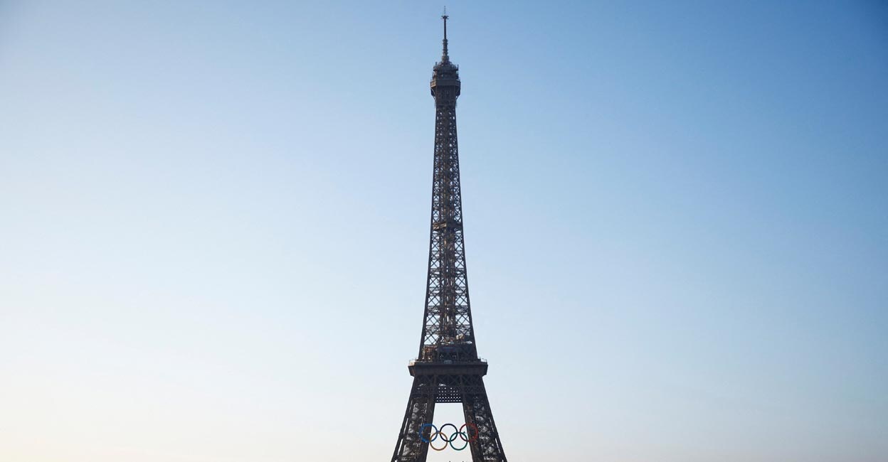 Olympic rings displayed on the first floor of the Eiffel Tower in Paris on Friday. Photo: Reuters/Sarah Meyssonnier