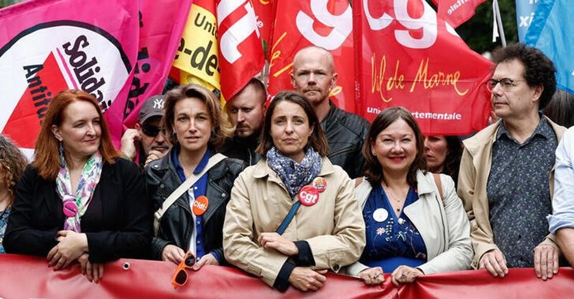 French CGT labour union leader Sophie Binet, third right front row, attends a demonstration in Paris. File photo: Reuters/Benoit Tessier