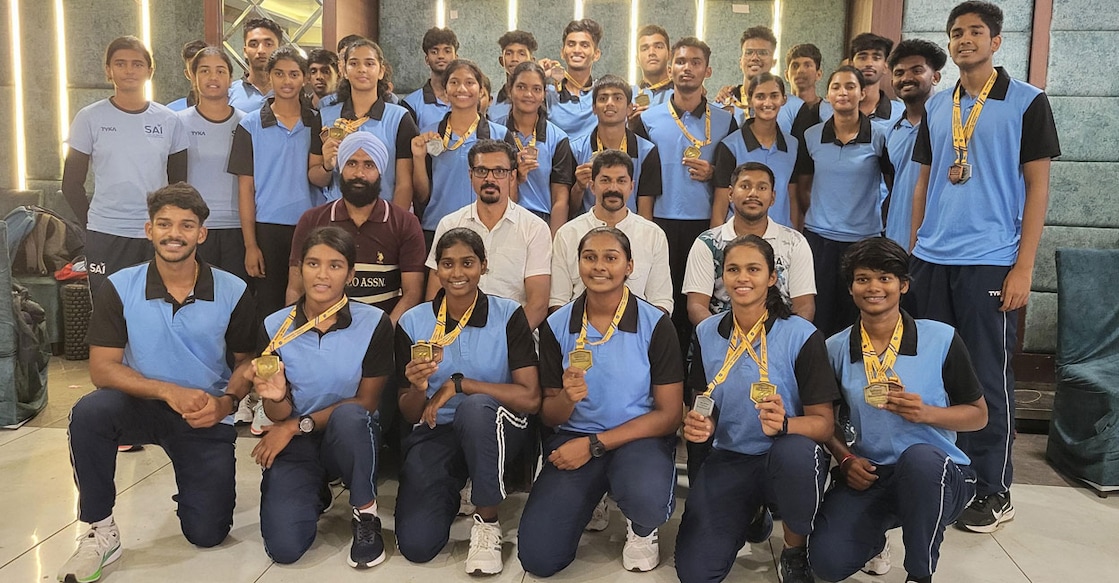 The Kerala team that bagged nine medals at 7th National Indoor Rowing Championships at Moga in Punjab pose with coaches and officials. Photo: Special arrangement