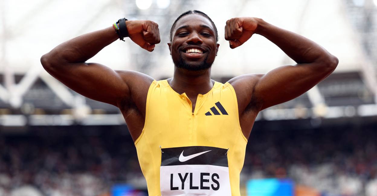 noah-lyles-c Noah Lyles celebrates winning the men's 100m. Photo: Action Images via Reuters/Paul Childs