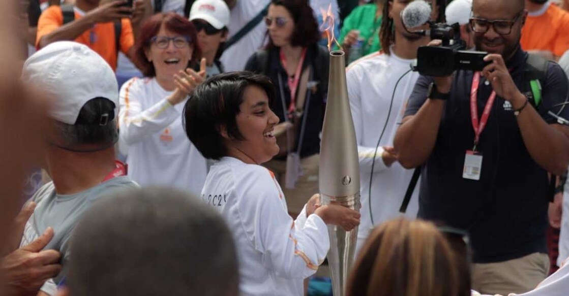tiliootama2-main Tilotama Ikareth taking part in the Olympic torch relay in the French town of Gennevilliers on Wednesday. Photo: Special arrangement