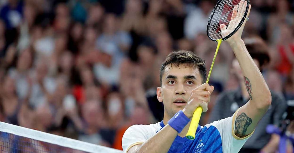 BADMINTON-OLY-PARIS-2024 India's Lakshya Sen celebrates his win against Belgium's Julien Carraggi in their men's singles badminton group stage match during the Paris 2024 Olympic Games at Porte de la Chapelle Arena in Paris on July 29, 2024. Photo: AFP/ David Gray