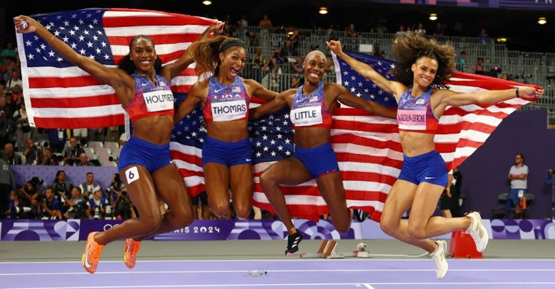 US women reign supreme From left: Alexis Holmes, Gabrielle Thomas, Shamier Little and Sydney McLaughlin-Levrone celebrate after winning the gold. Photo: Reuters/Kai Pfaffenbach