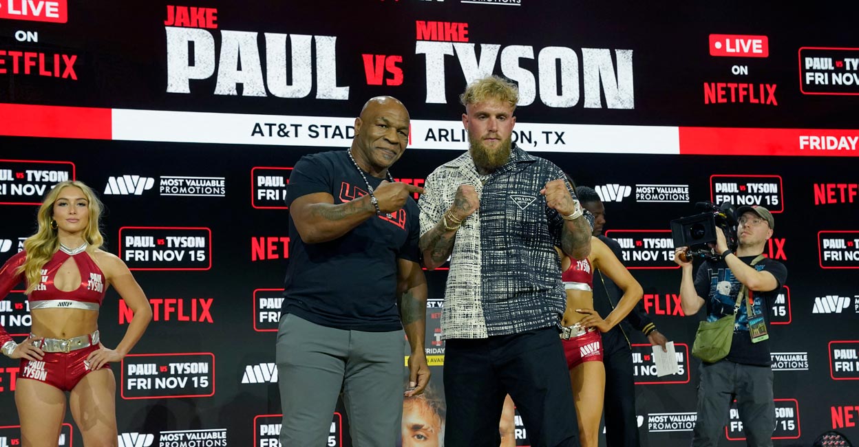 Mike Tyson and Jake Paul Mike Tyson and Jake Paul face off during a press conference in New York City on Sunday. Photo: AFP/Timothy A Clary