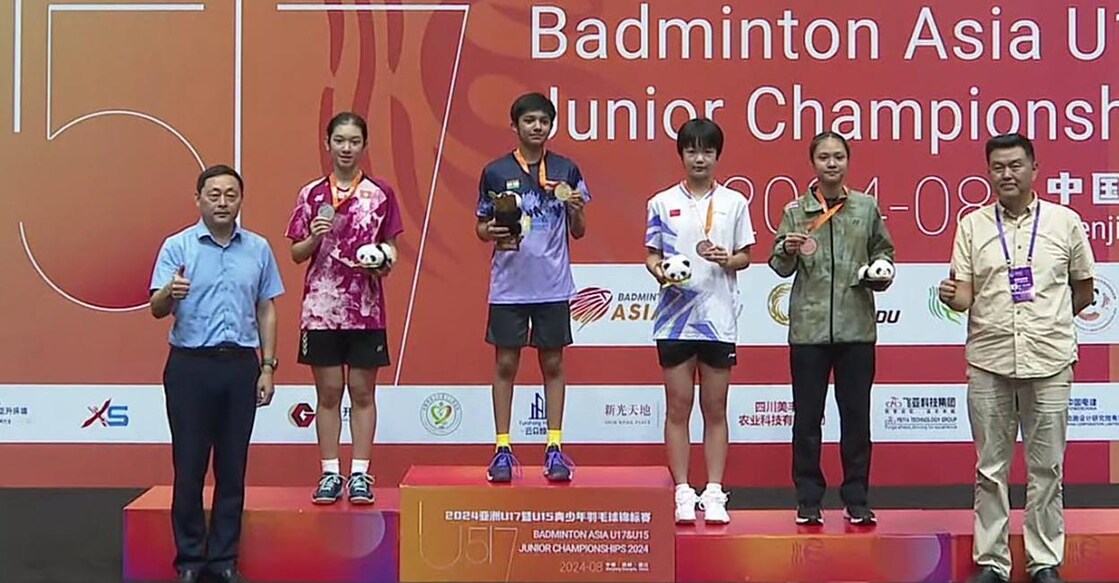 Tanvi Patri, centre on the podium, joins becomes the third Indian girl to win the U-15 singles crown. Photo: X@@BharatAtOlympic
