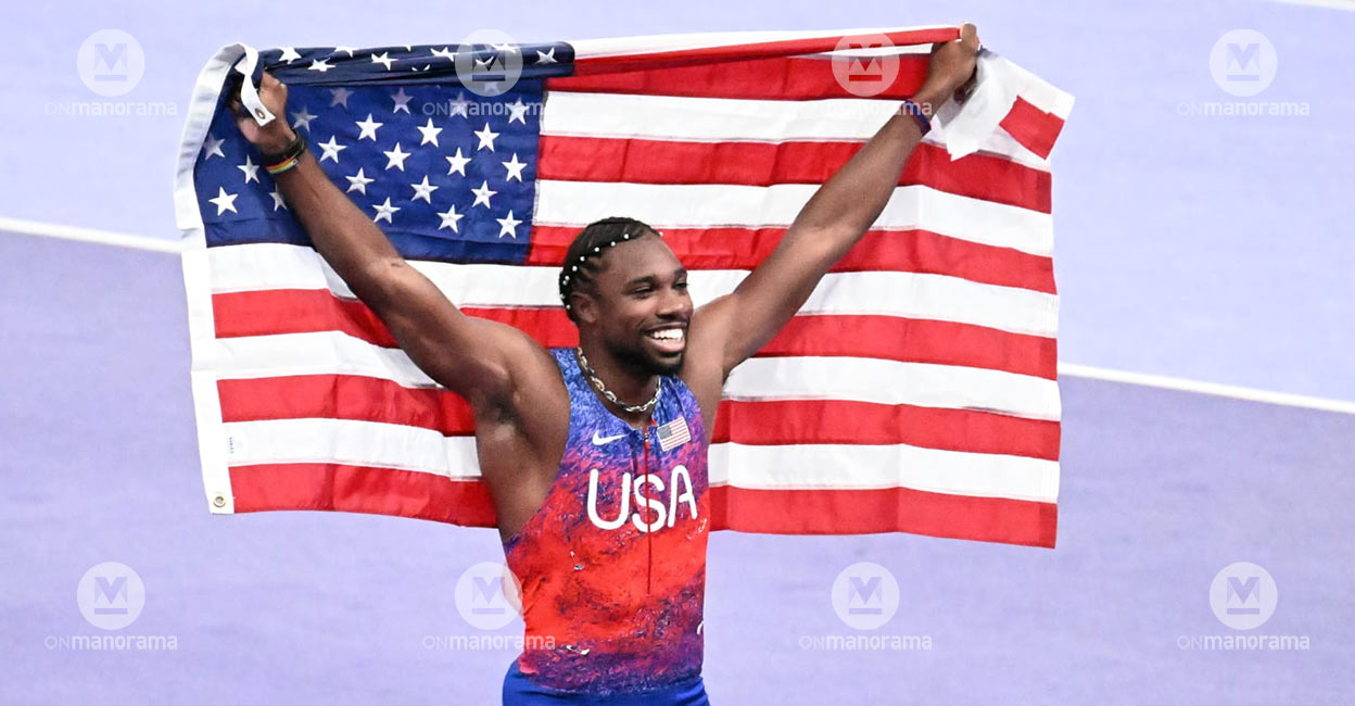 Noah Lyles celebrates his triumph. Photo: Manorama/Manoj Chemancheri