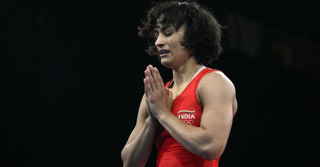 Vinesh Phogat reacts after making it to the gold medal bout. Photo: AFP/Luis Robayo