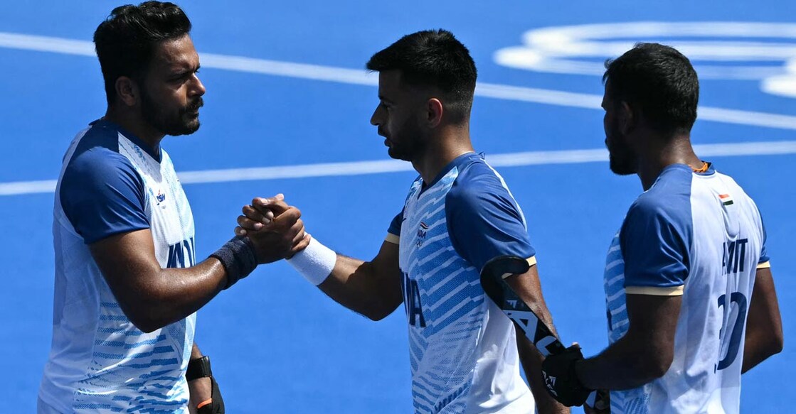 Harmanpreet Singh celebrates one of his goals. Photo: AFP/Arun Sankar