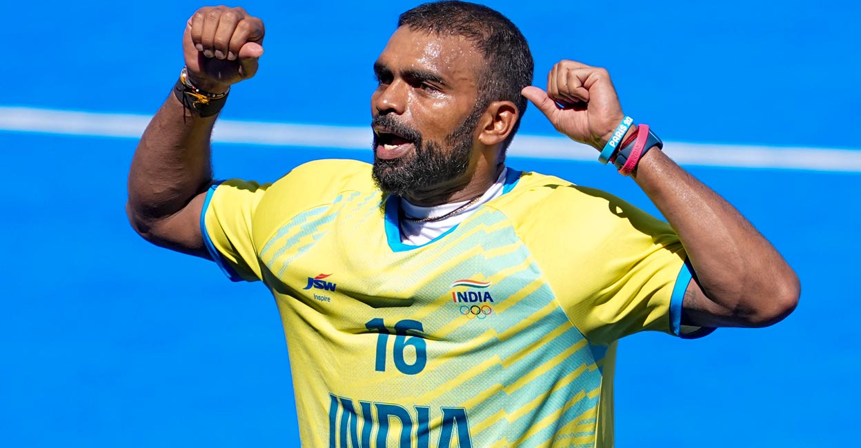 Sreejesh reacts after the win over Spain. Photo: PTI/Ravi Choudhary