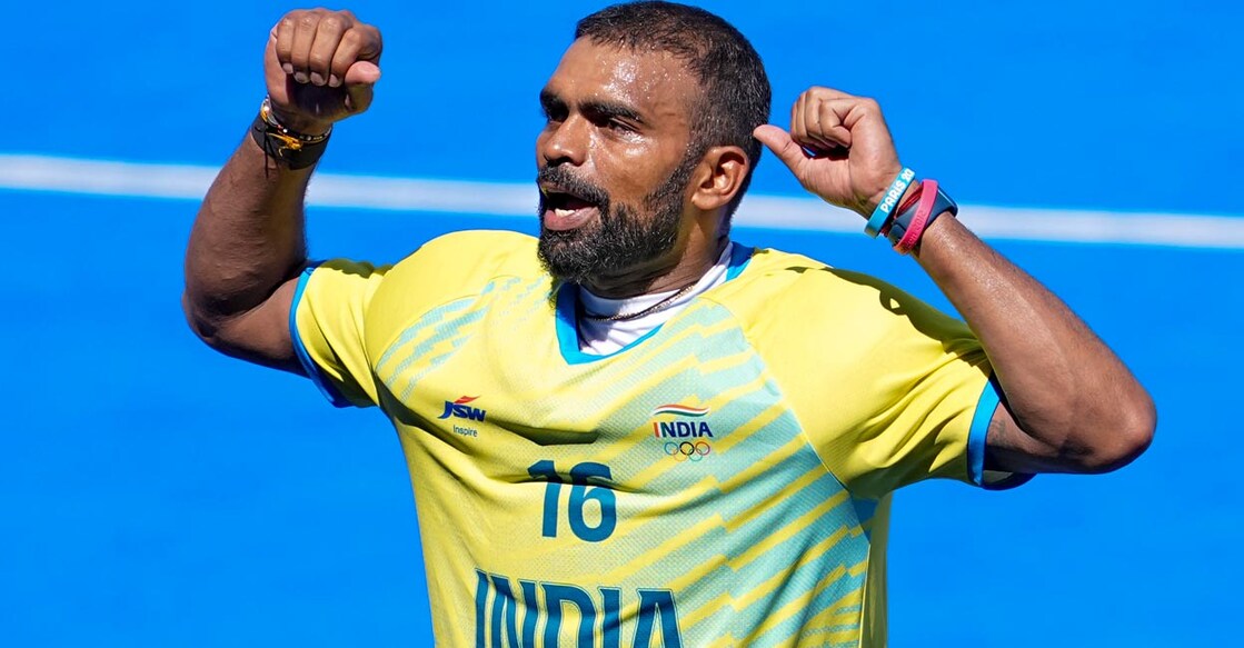 Sreejesh reacts after the win over Spain. Photo: PTI/Ravi Choudhary