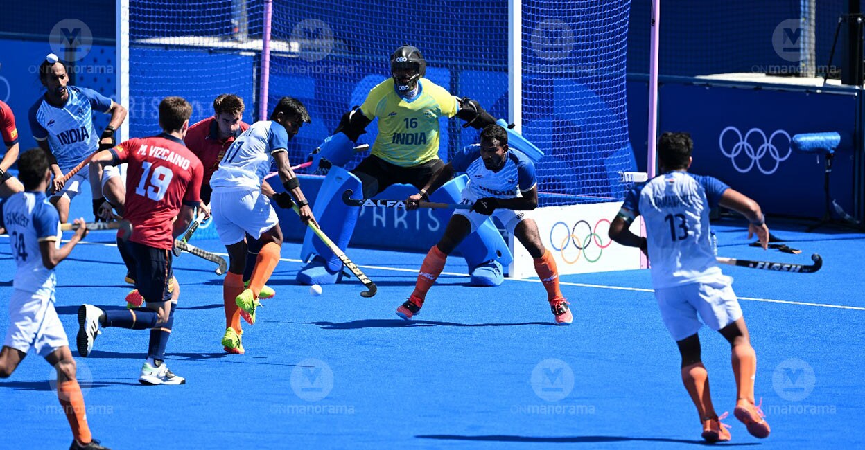 Sreejesh Sreejesh gets ready to thwart the Spanish. Photo: Manorama/Manoj Chemancheri