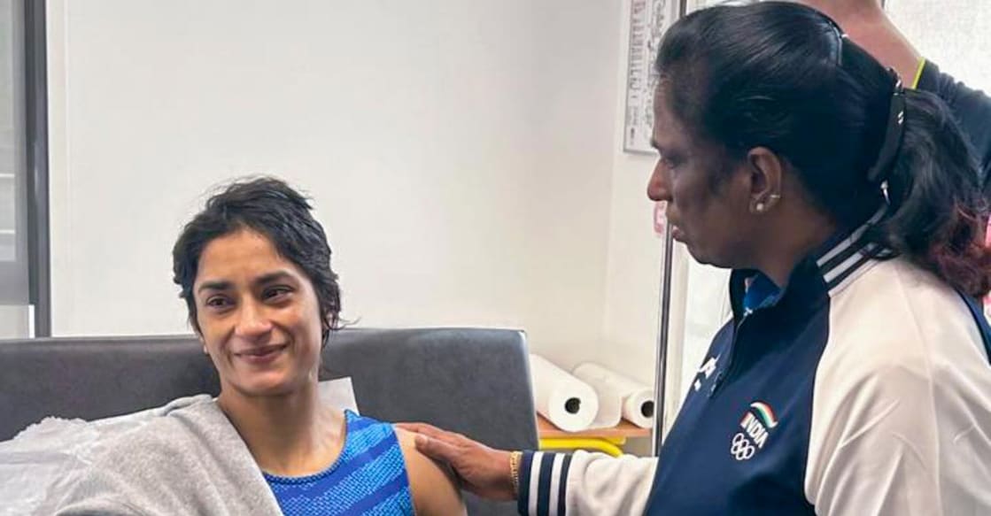 Usha meets Vinesh IOA president P T Usha meets Vinesh Phogat at the hospital. Photo: PTI