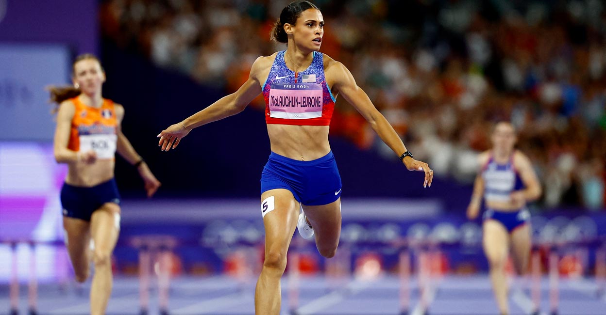 Sydney McLaughlin-Levrone crosses the line to win the 400m hurdles gold. Photo: Reuters/Sarah Meyssonnier