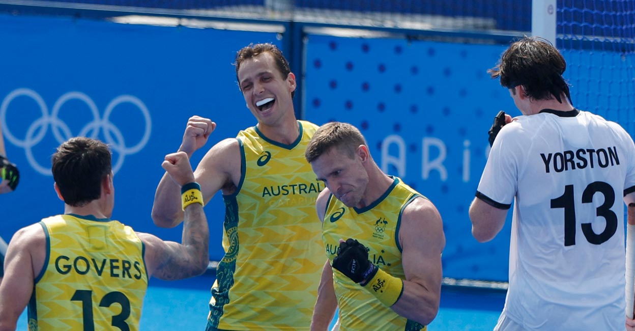 Tom Craig, second left, celebrates a goal against New Zealand at the Paris Olympics. File photo: Reuters/Adnan Abidi