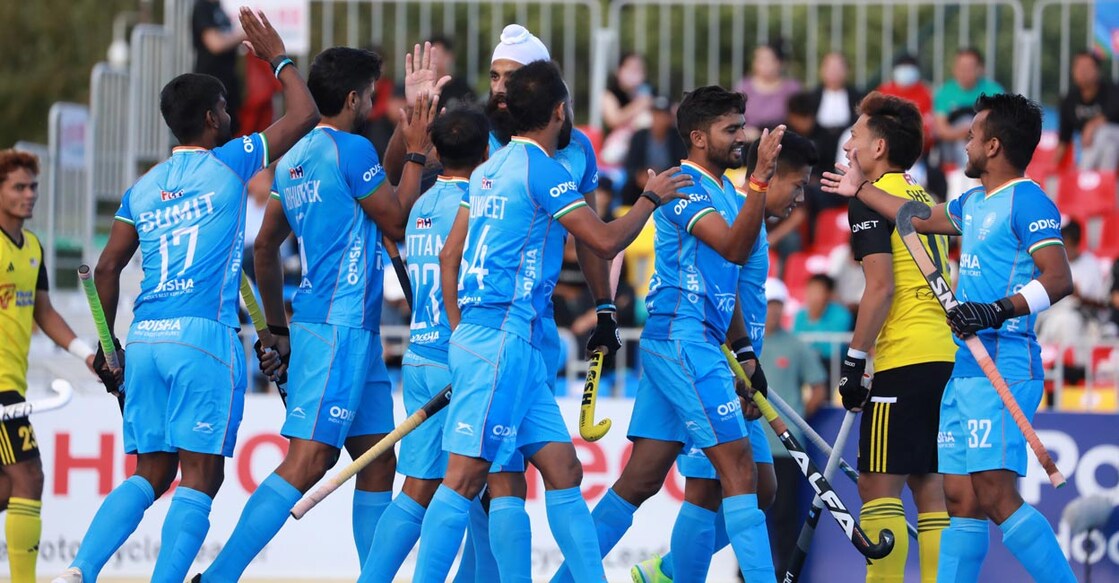 Indian players celebrate  a goal. Photo: Special Arrangement