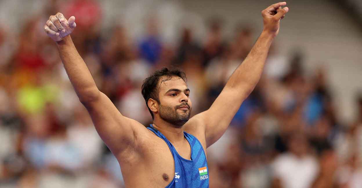 Sumit Antil reacts after clinching gold. Photo: Reuters/Umit Bektas