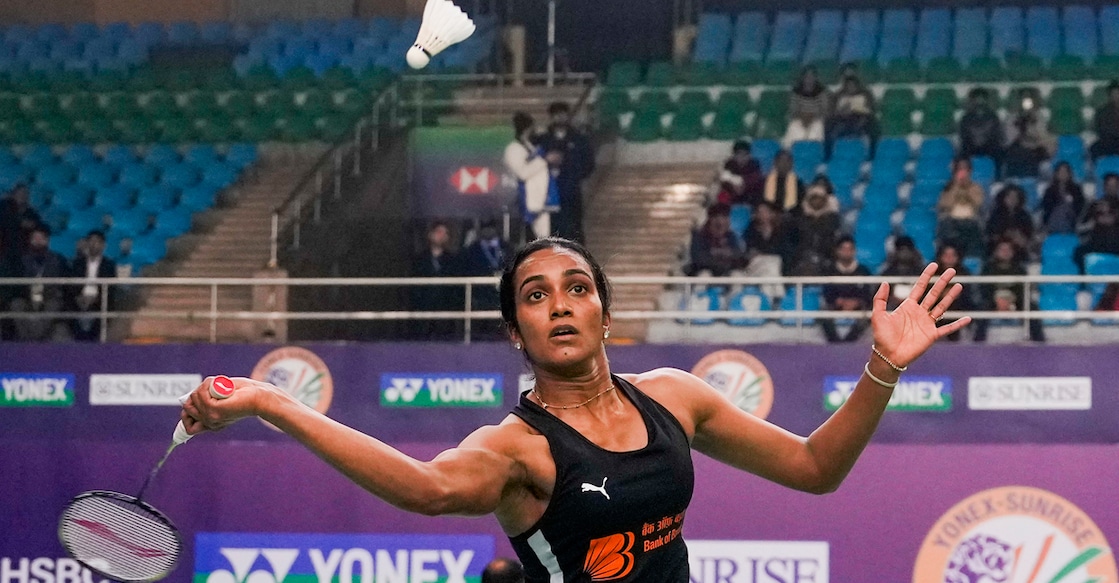 India's PV Sindhu returns to Chinese Taipei's Sung Shuo-yun during the women's singles first round match at the India Open in New Delhi on Tuesday, January 14, 2025. Photo: PTI