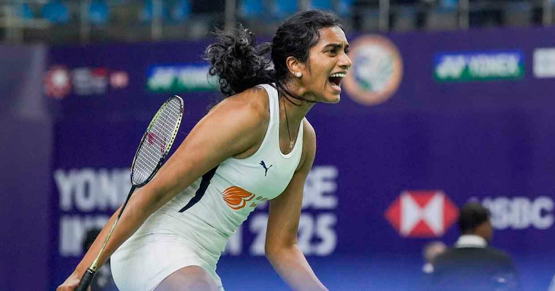 New Delhi: India's PV Sindhu celebrates after winning a point during the women's singles round of 16 match against Japan's Manami Suizu at the India Open 2025 badminton tournament, in New Delhi, Thursday, Jan. 16, 2025. (PTI Photo/Gurinder Osan)(PTI01_16_2025_000170A)