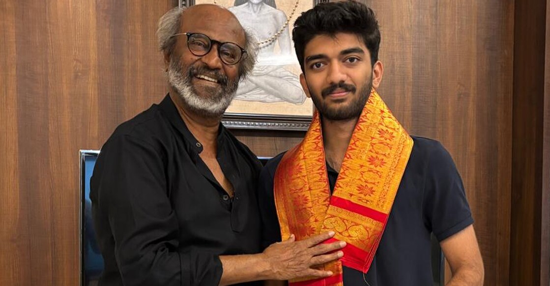 D Gukesh poses with actor Rajinikanth. Photo: X/@DGukesh