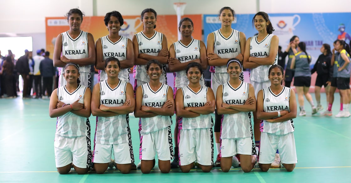 Kerala women’s Traditional Netball team pose at the 38th National Games in Dehradun, Uttarakhand. Photo: KOA