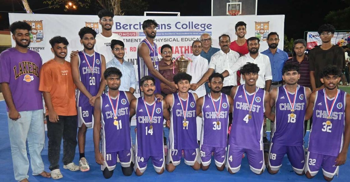 Christ College Irinjalakuda with the trophy. Photo: Special arrangement
