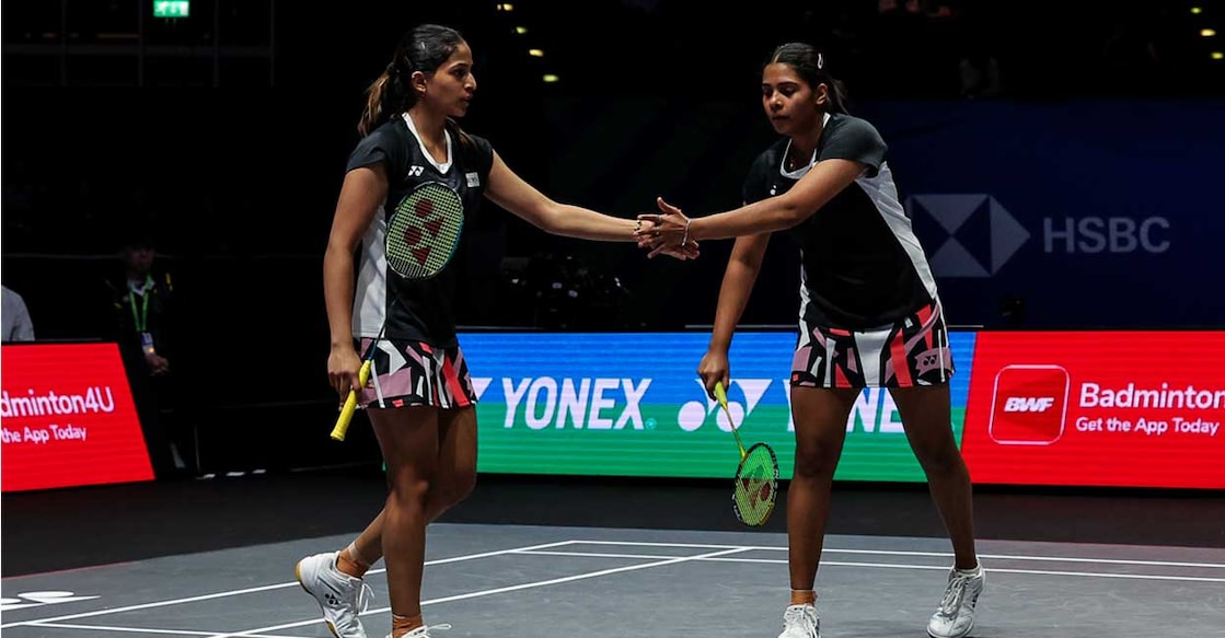 Gayatri Gopichand and Treesa Jolly during the game. Photo: X/@BAI_Media