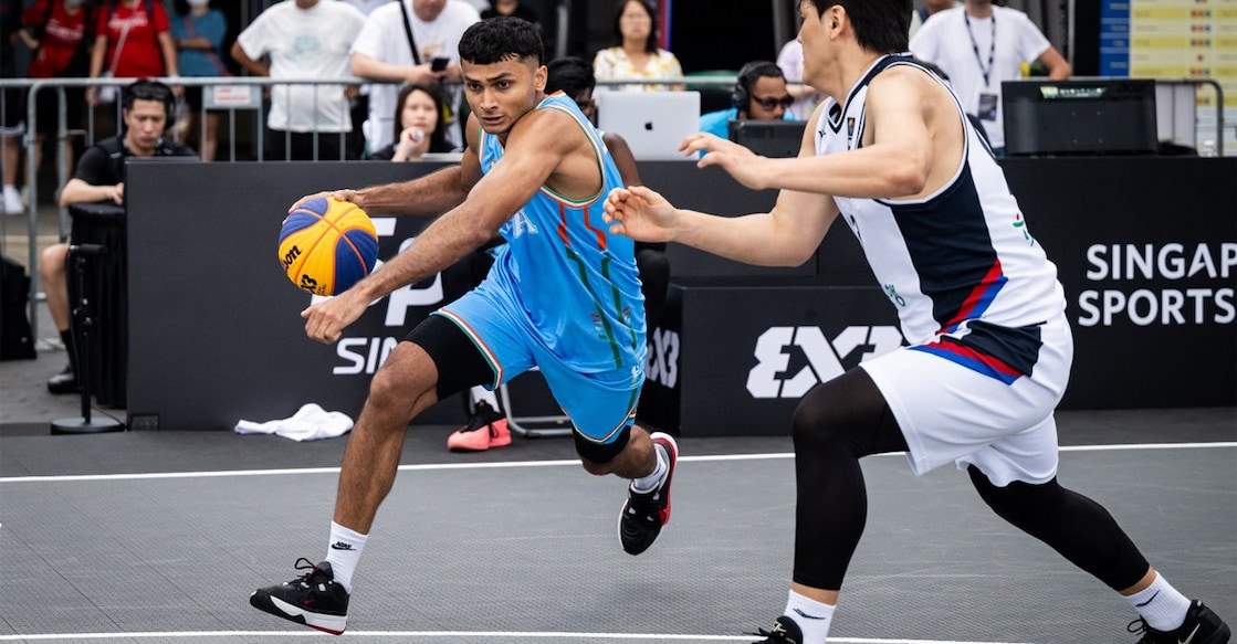 Harsh Dagar in action for India at the FIBA 3x3 Asia Cup in Singapore. Photo: FIBA via X/@BFI_basketball