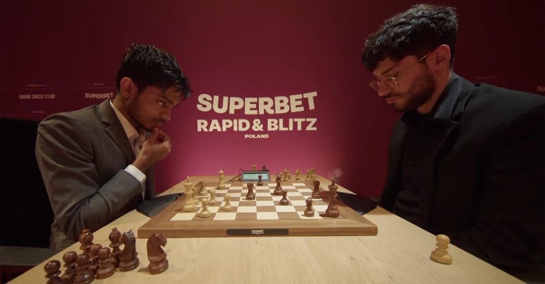 Aravindh Chithambaram in action action Alirez Firouzja in the Superbet Poland Rapid & Blitz event. Photo: Screengrab/GrandChessTour stream