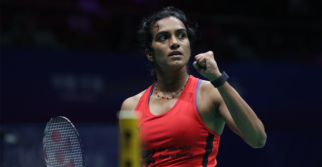 P V Sindhu during a Badminton Asia Championships game at Ningbo in China on April 9, 2025. Photo via X/@BAI_Media