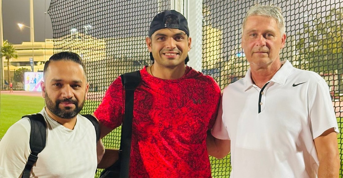 Neeraj Chopra shared this image of him posing next to his physio Ishaan Marwaha and coach Jan Zelezny.