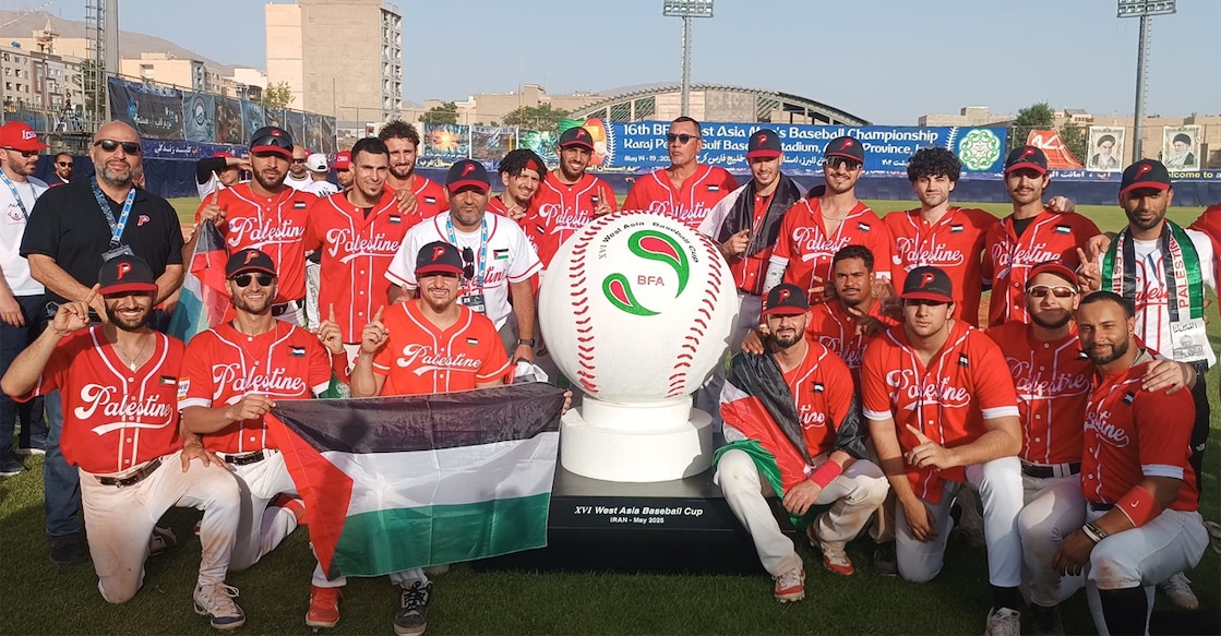 Palestine team pose after winning the West Asia Baseball Cup. Photo: X/@PalFedBaseball