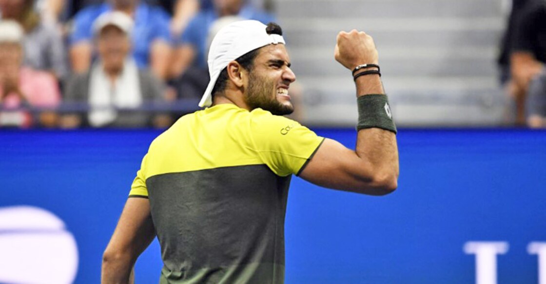 Sep 4, 2019; Flushing, NY, USA; Matteo Berrettini of Italy celebrates his win over Gael Monfils of France in the quarterfinals on day ten of the 2019 US Open tennis tournament at USTA Billie Jean King National Tennis Center. Mandatory Credit: Danielle Parhizkaran-USA TODAY Sports