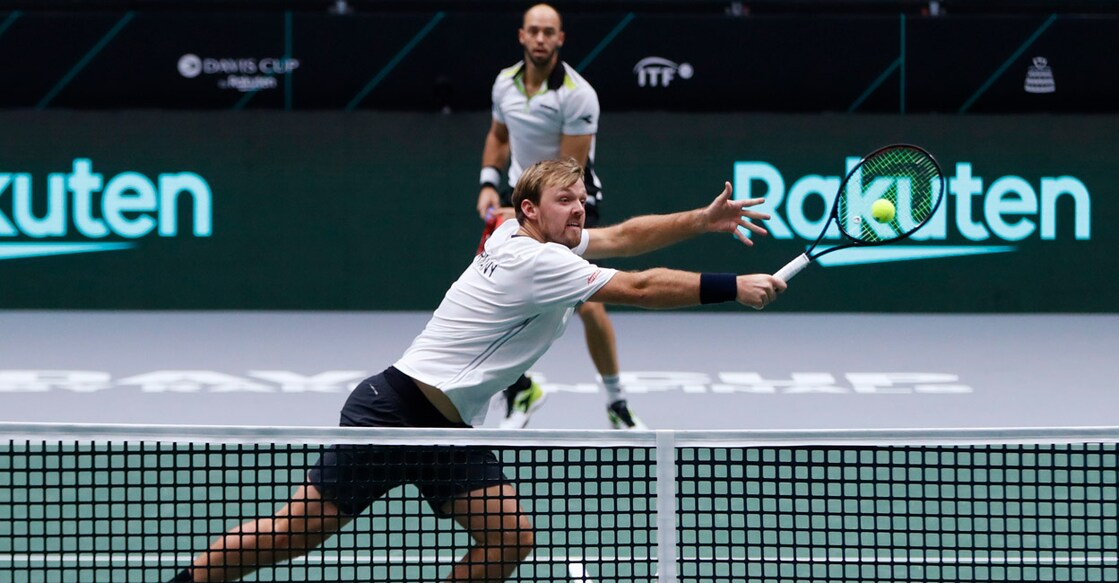 Germany's Kevin Krawietz and Tim Puetz in action during their doubles match against Joe Salisbury and Neal Skupski. Photo: Reuters/Leonhard Foeger