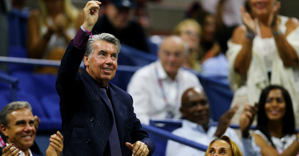 Manuel Santana gestures as he attends 2015 US Open semifinals between Roger Federer and Stan Wawrinka. File photo: AFP/Maddie Meyer