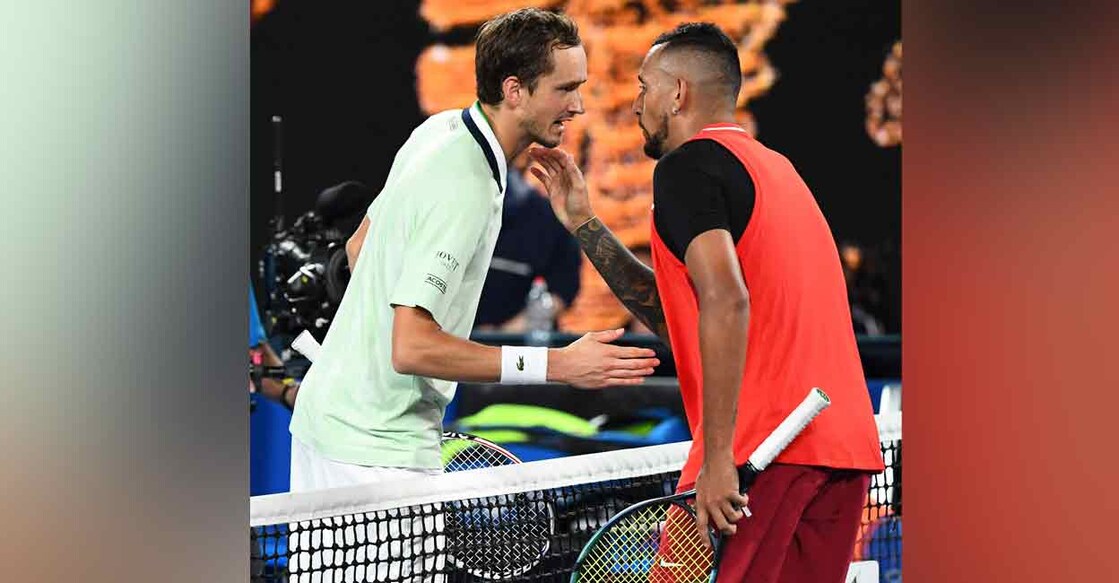 Russia's Daniil Medvedev (left) talks to Australia's Nick Kyrgios after their men's singles match on day four of the Australian Open tennis tournament in Melbourne on Thursday. Photo: AFP