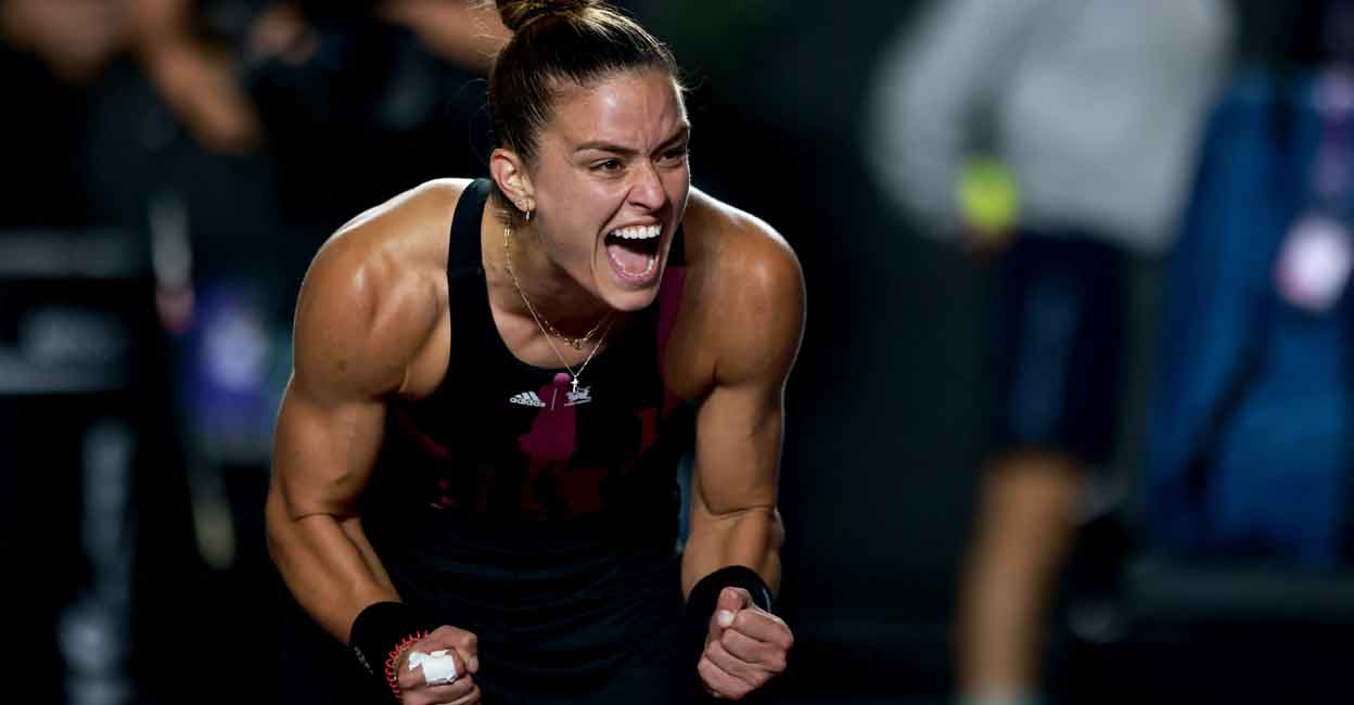 Maria Sakkari is pumped up after her win. Photo: AFP/Ulises Ruiz 