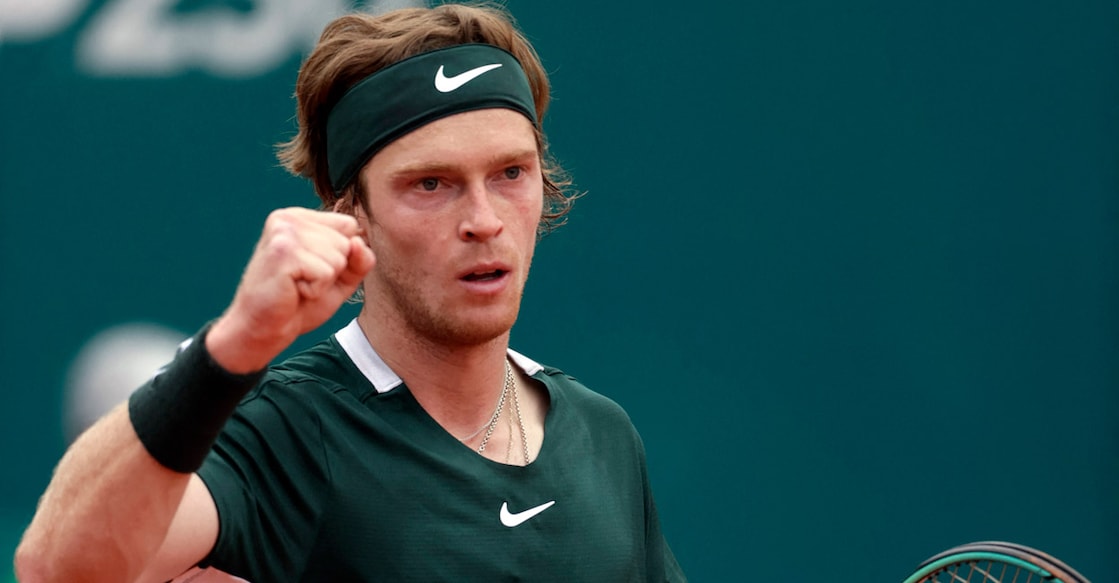 Andrey Rublev gestures during the final against Novak Djokovic. Photo:AFP/ 
Pedja Milosavljevic 