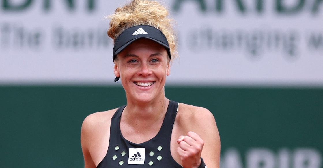 Leolia Jeanjean celebrates winning her second round match against Karolina Pliskova. Photo: Reuters/Yves Herman